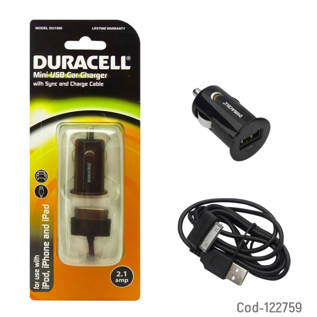 CARGADOR AUTO DURACELL 2.1amp W/ CABLE IPOD