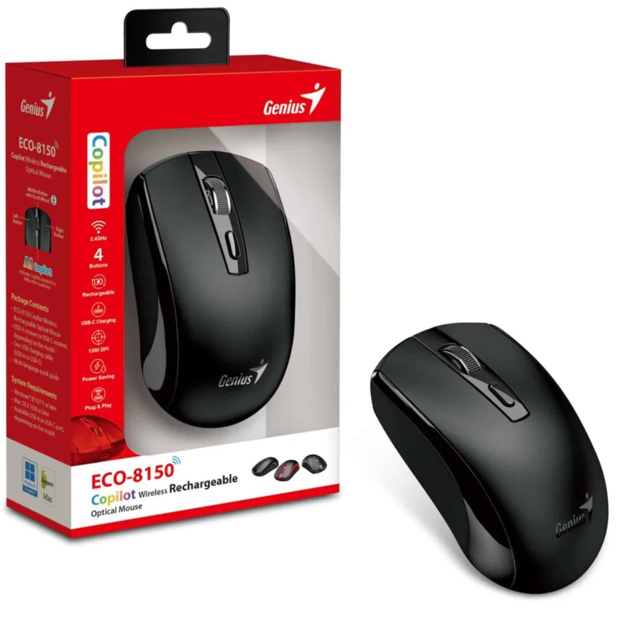 MOUSE GENIUS ECO-8150 WIRELESS RECARGABLE NEGRO Y ROJO