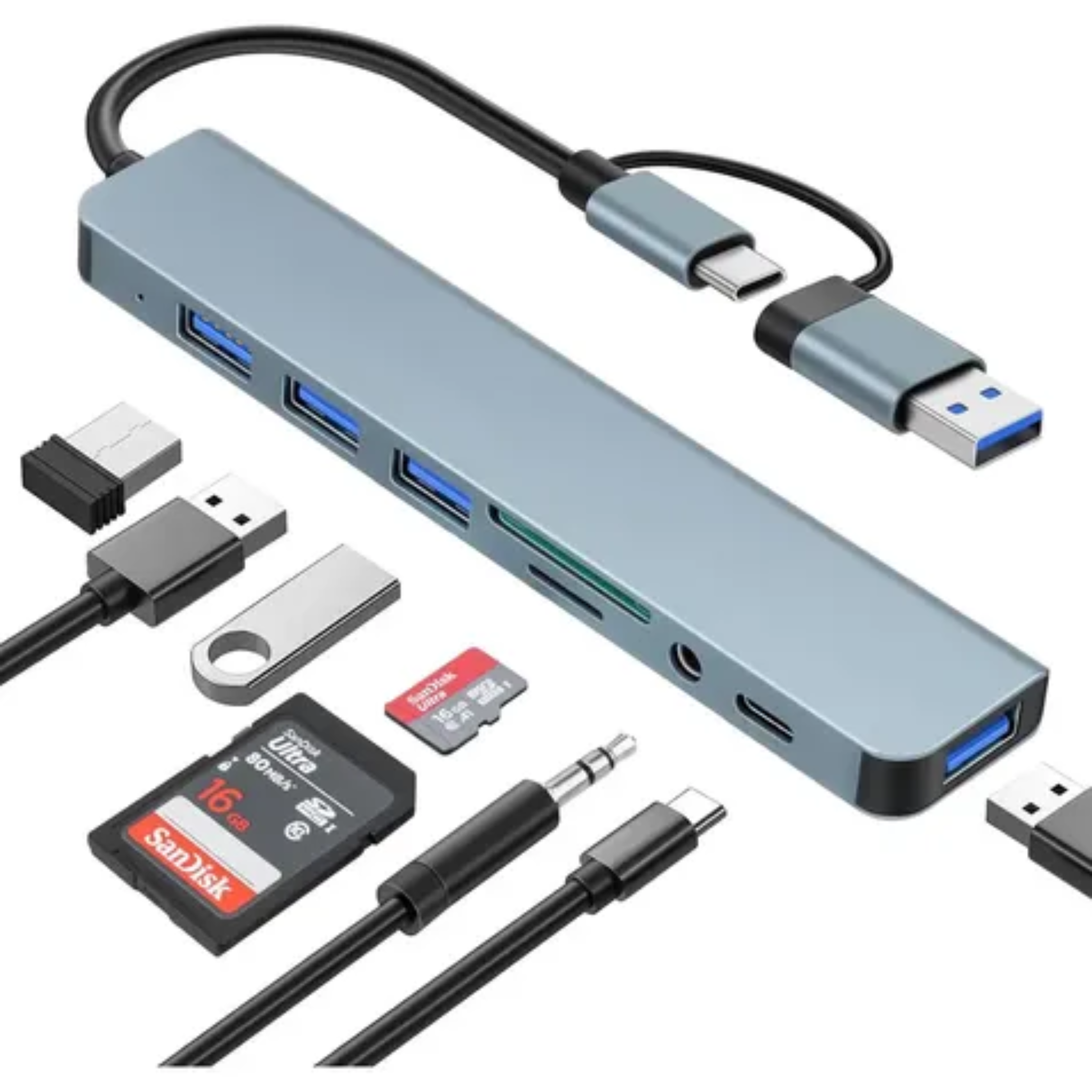 HUB MULTIPLE 8 EN 1 TIPO C A USB 3.0/3*USB 2.0/TIPO C/AUX/TF/SD +OTG