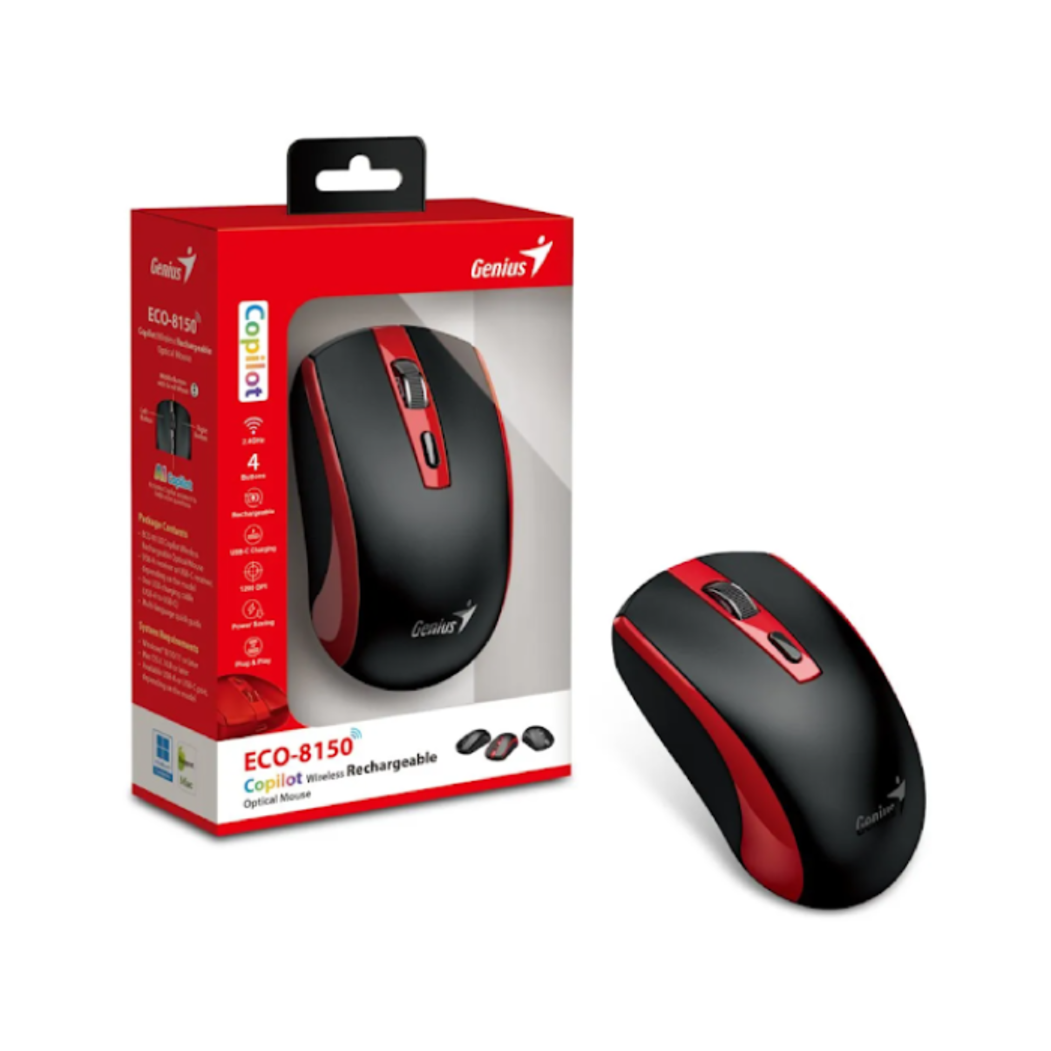 MOUSE GENIUS ECO-8150 WIRELESS RECARGABLE NEGRO Y ROJO