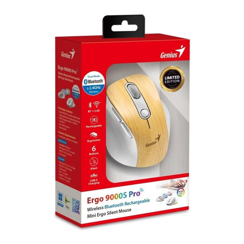 MOUSE ERGONÓMICO GENIUS ERGO 9000S WOOD PRO DUAL BT/WIRELESS RECARGABLE