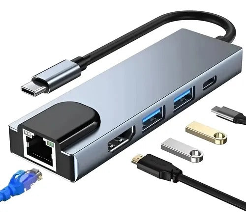 HUB MULTIFUNCIÓN 5 EN 1 USB-C HDMI + 2 USB 3.0 + USB-C + LAN RJ45